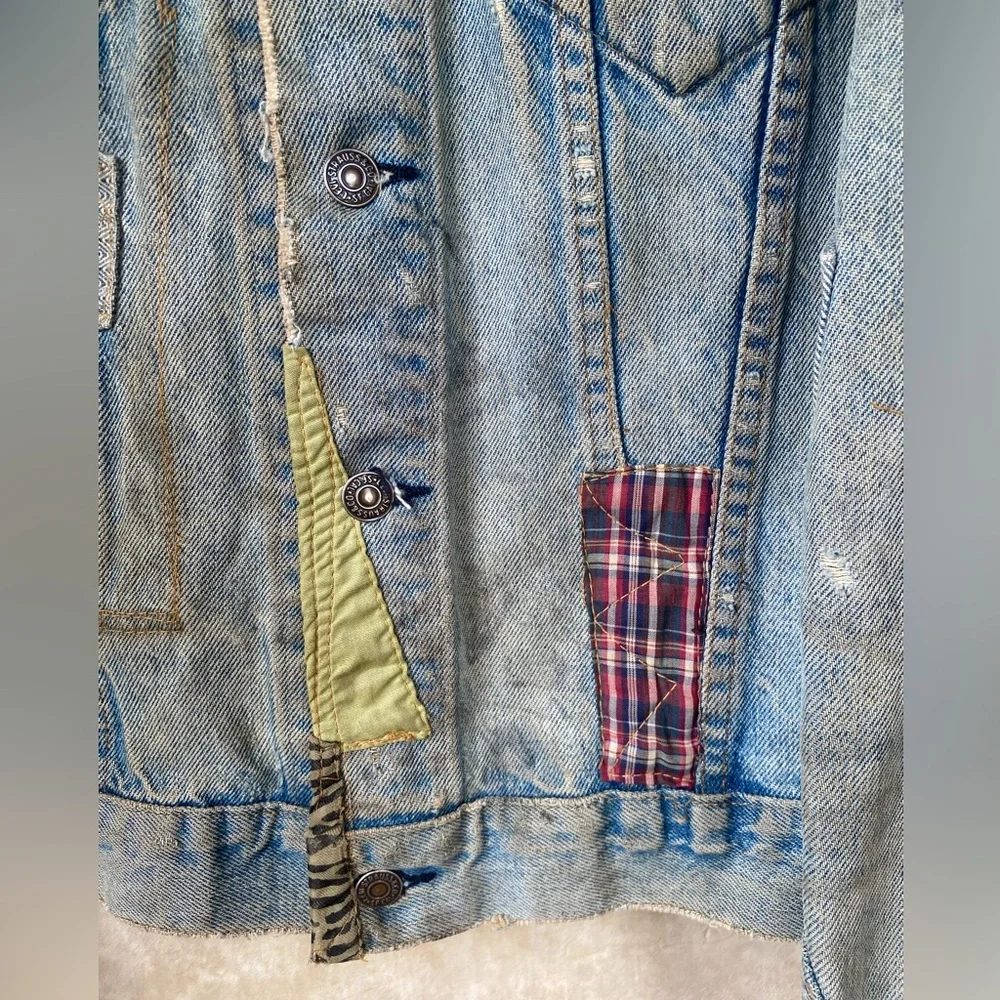 Vintage 70s 80s Levis OOAK Zig Zag Man Patchwork Denim Trucker Jacket Smoker